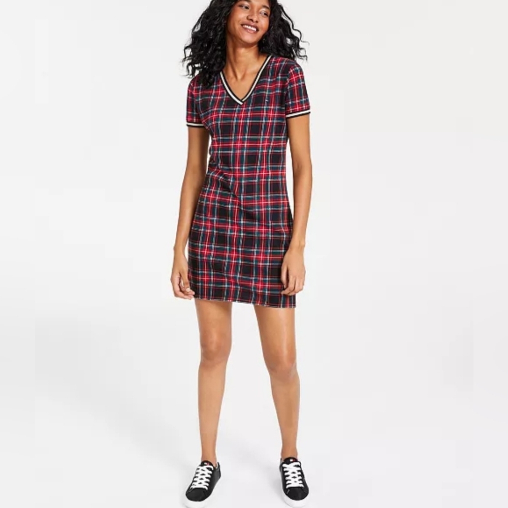 Tommy Hilfiger Plaid Metallic-Trim V-Neck Dress